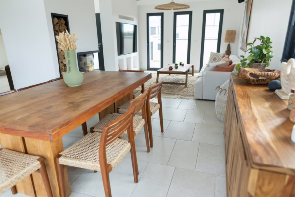 Pièce de vie rénovée avec salon lumineux, salle à manger en bois, grandes fenêtres noires et sol carrelé clair
